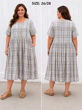 S Roberts Women’s 26/28 Plaid Crinkle Cotton Midi Dress Plus Size Boho